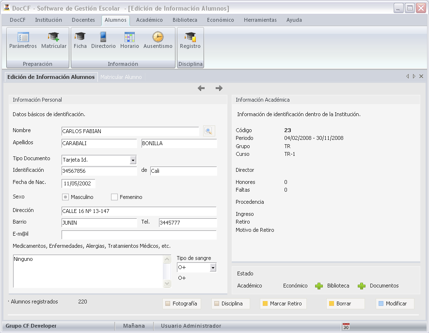 DocCF Software Gestion Escolar tiro de la pantalla