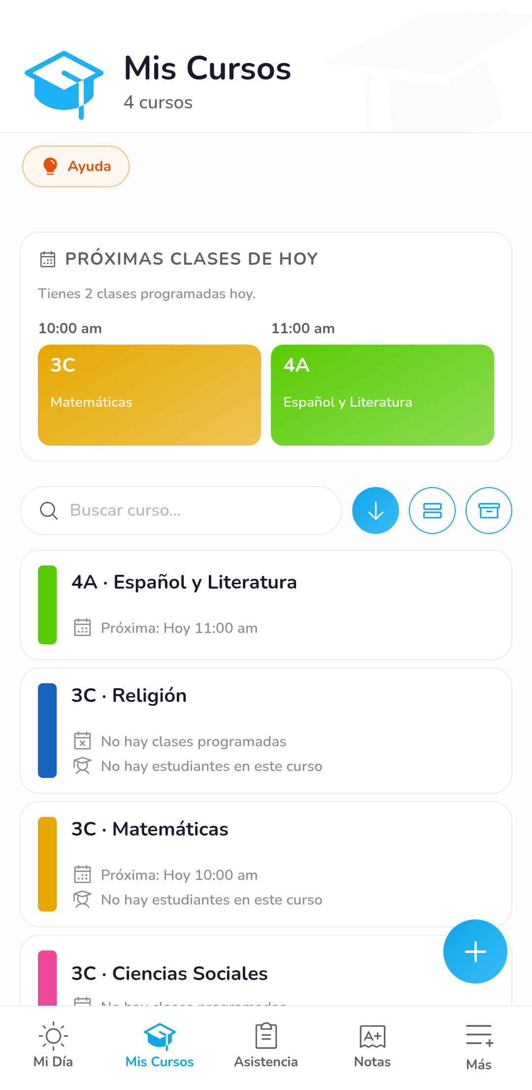 Cursos y próximas clases en DocCF App