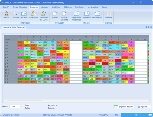 Plataforma DocCF • Visualización de horarios escolares, gestión de clases e informes