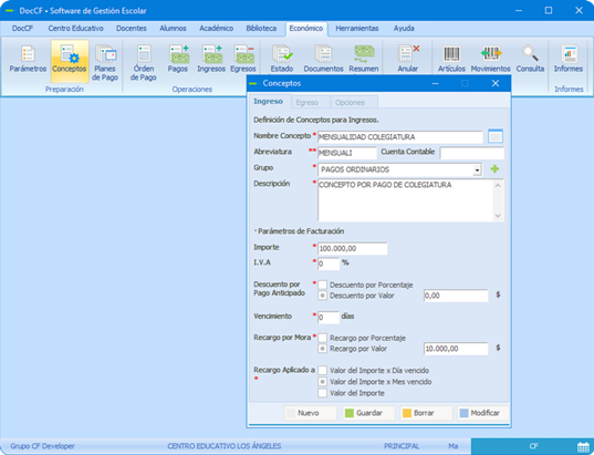 Plataforma DocCF • Programación de Conceptos de Pago Escolares